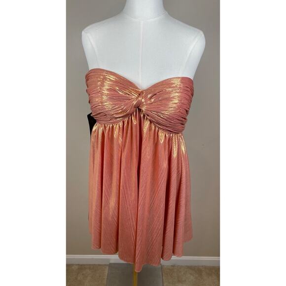 Retrofete Kaiser Strapless Ruched Pleated Metallic Apricot Mini Dress Sz L - Picture 4 of 10